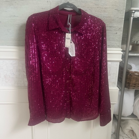 NWT new medium Anthropologie Remoe sequin button down shirt raspberry pink red - Picture 7 of 13